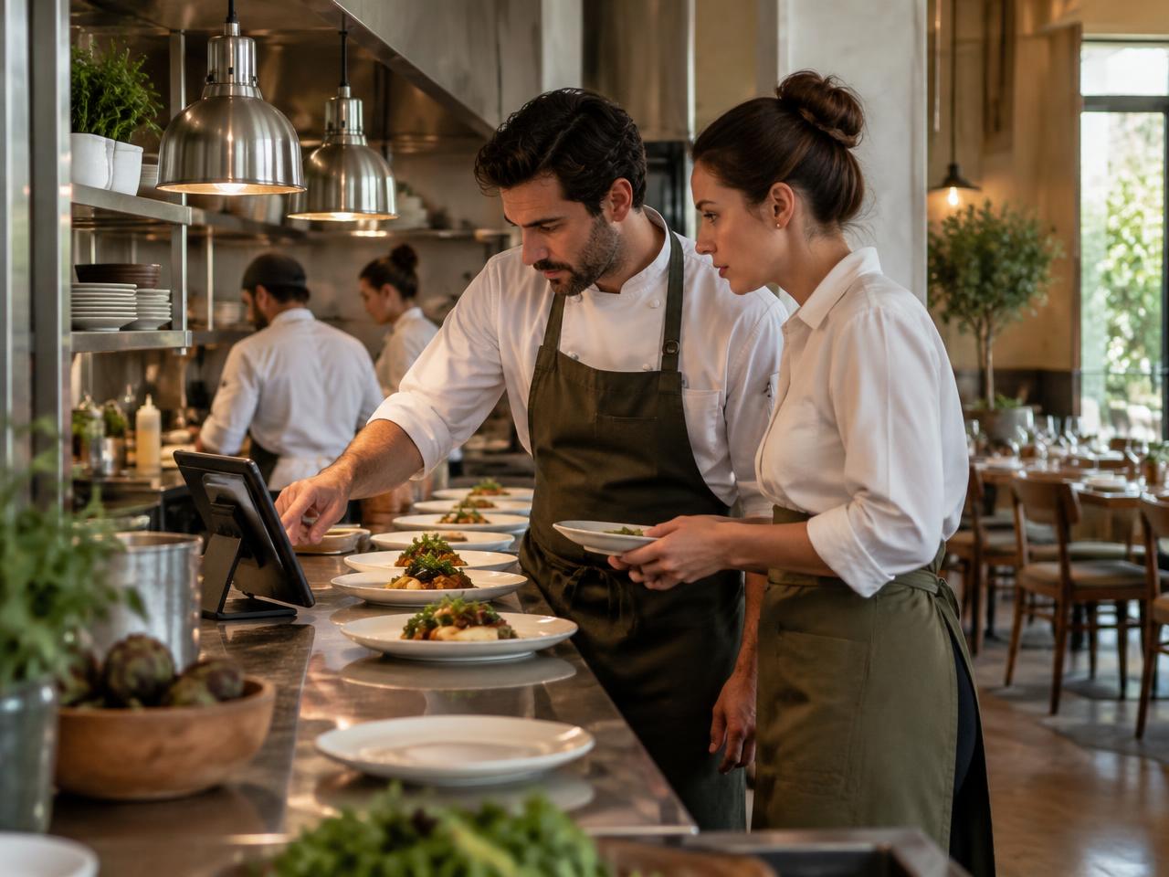Equipo de cocina coordinando un pedido desde una tableta